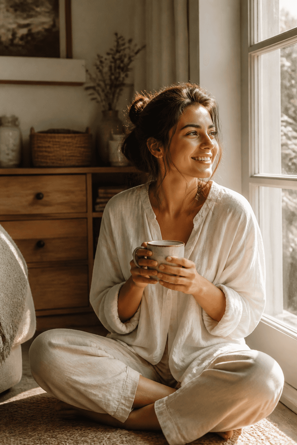 Una mujer sonriendo con una taza de café, sentada junto a una ventana soleada.