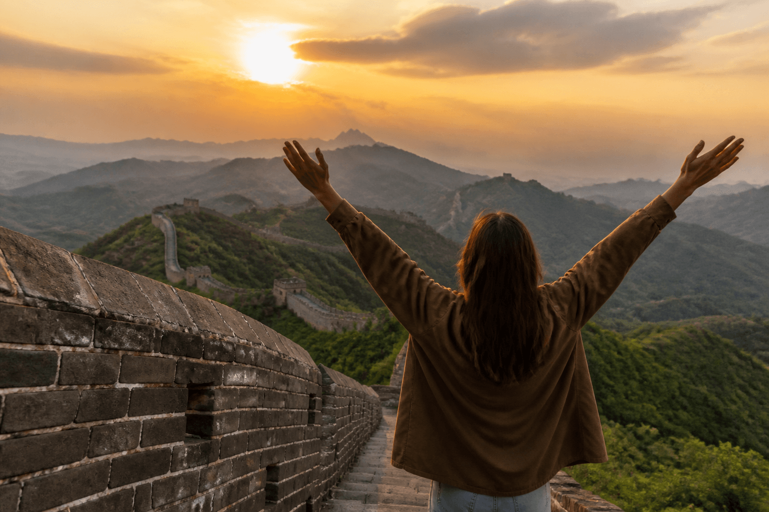 Una viajera en la Gran Muralla china con los brazos abiertos, celebrando el momento.