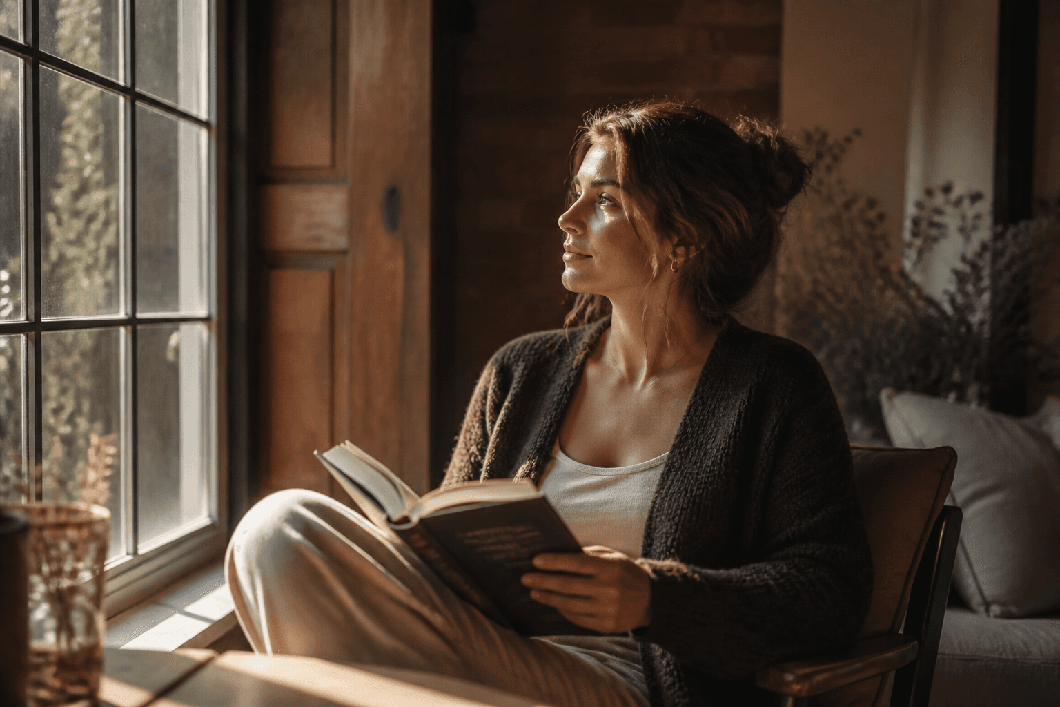 Una persona leyendo en silencio junto a una ventana, eligiendo su tiempo con intención.